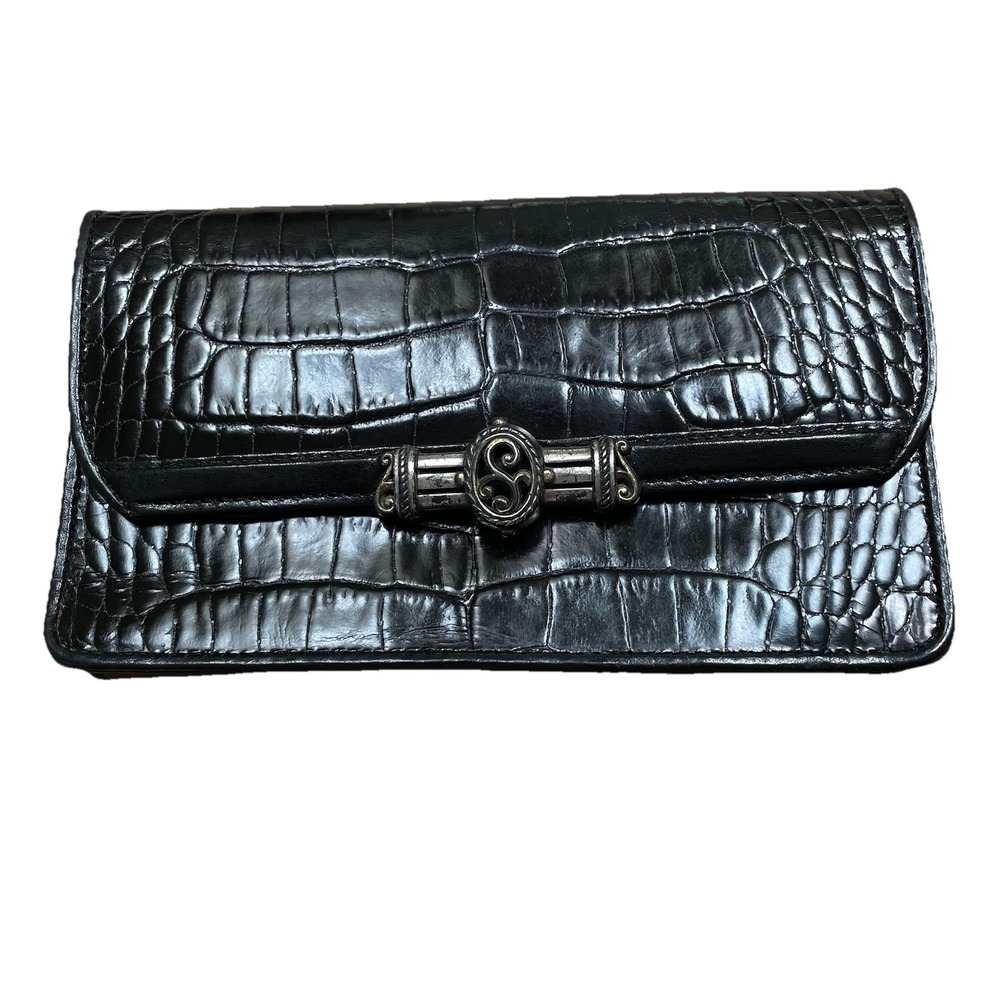 BRIGHTON Zip Around‎ Glossy Black Croc Leather Clutch Wallet